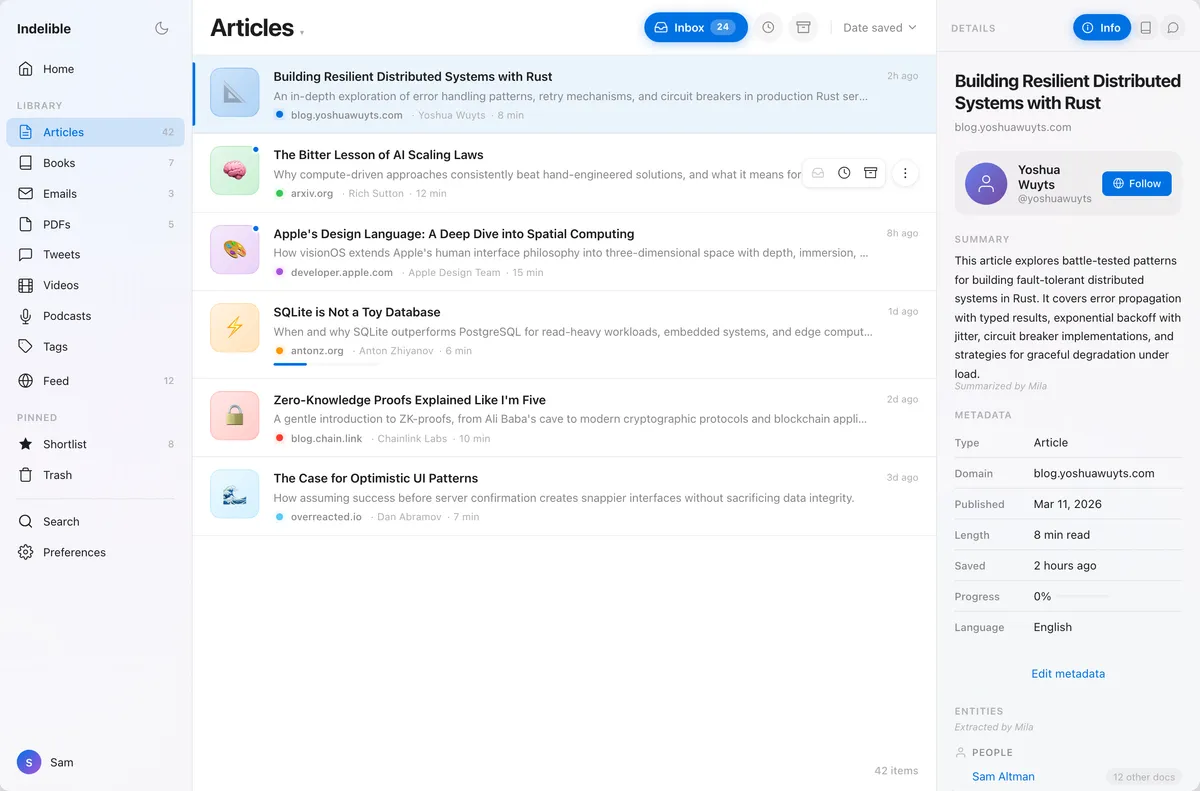 The Indelible library: saved articles with summaries, metadata, and a reading list